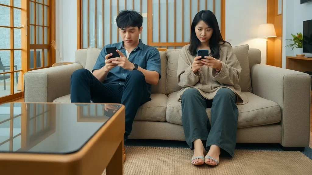 コミュニケーションパターンの変化 リビングでスマホを見つめる男女。互いに無言で過ごす現代的な日本の家庭の様子。